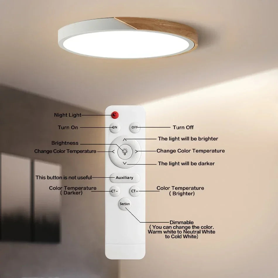 LumiSlim Ceiling Light – Ultra-Thin Wooden LED Fixture with Remote Control